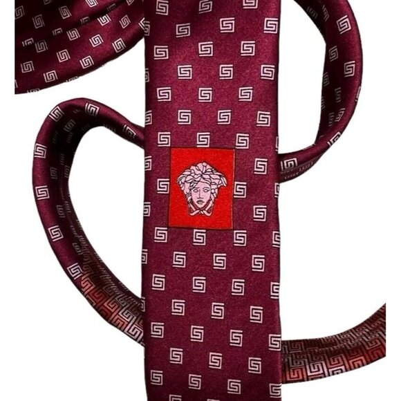VERSACE Men's 100% Silk Necktie LUXURY Tie XL Burgundy Monogram Logo W:3.5" EUC - Picture 3 of 7